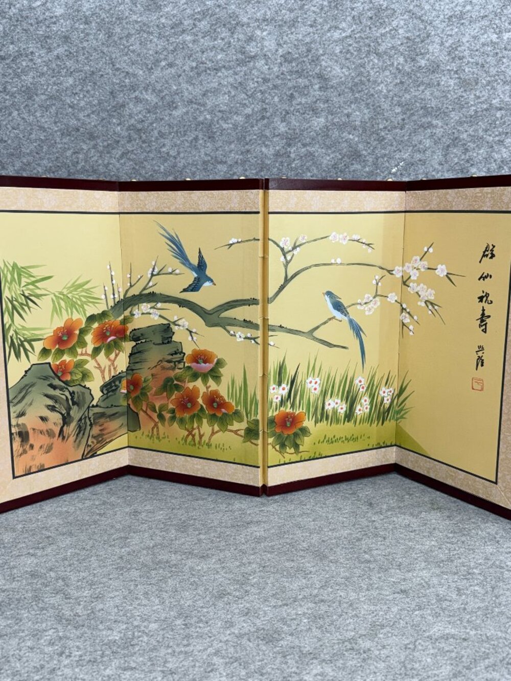 Vintage Asian 4 Panel Screen Hand Painted Silk 18"X36" Almond Blossom Blue Birds